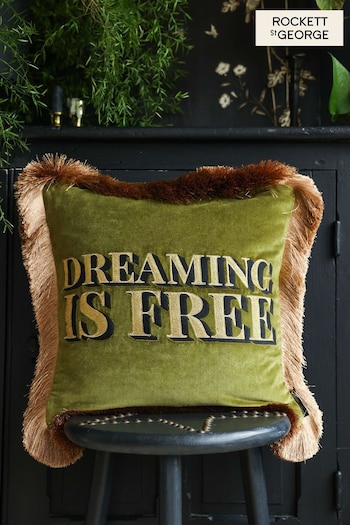 Rockett St George Dreaming Is Free Velvet Fringe Feather Filled Cushion (N32250) | £45