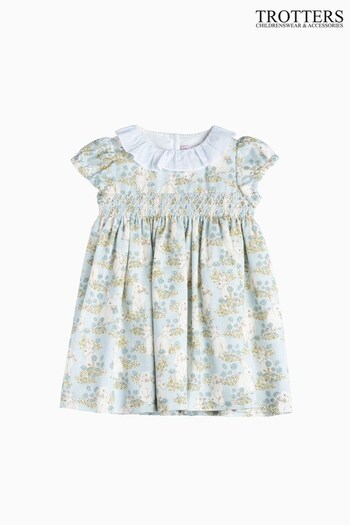 Trotters London Blue Bunny Willow Smocked Cotton Dress (N32278) | £32