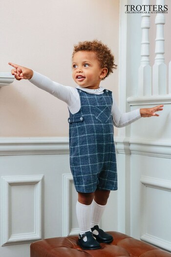 Trotters London Little Navy Blue and Sage Check Archie Romper (N32291) | £25