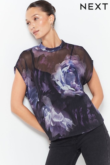 Purple Floral Twist Front Short Sleeve Top (N32506) | £38