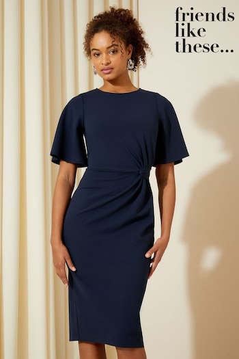 Friends Like These Navy Blue Tailored Knot Detail Flutter Sleeve Midi Dress (N32727) | £44