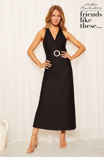 A-Z Girls Brands Black Linen Rich Halter Neck Belted Midi Dress (N32729) | £59