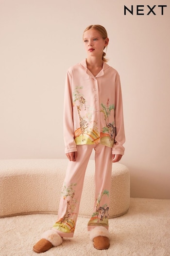 Pink Safari Satin Button Through Pyjamas (6-16yrs) (N32825) | £34 - £41