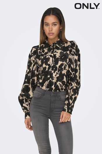 ONLY Cream Blurred Floral Print Puff Long Sleeve Shirt (N32984) | £14