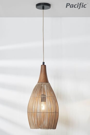 Pacific Natural Ata Bamboo Effect and Wood Tall Dome Pendant Ceiling Light (N33064) | £200
