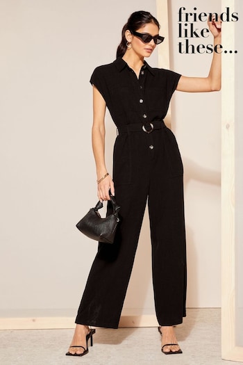 All In Ones Black Short Sleeve Button Through Tailored Jumpsuit with Linen (N33082) | £58