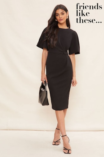All Womens Sportswear Jet Black Petite Tailored Knot Detail Flutter Sleeve Midi Dress (N33087) | £42
