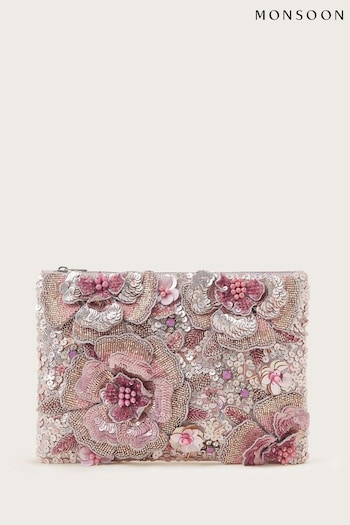 Monsoon Pink Hand-Embellished 3D Flower Pouch (N33132) | £45