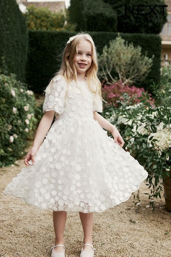 White 3D Flower Occasion Dress (3-10yrs) (N33148) | £55 - £61