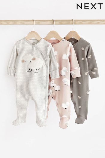 Grey Sheep Delicate Appliqué Baby Sleepsuits 3 Pack (0-2yrs) (N33342) | £20 - £22