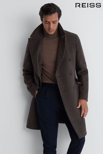 Reiss Brown Date Wool Check Double Breasted Coat (N33361) | £228