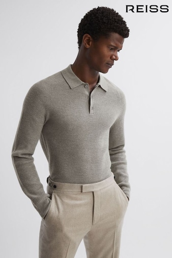 Reiss Sage Melange Holms Wool Long Sleeve Polo Shirt (N33362) | £118
