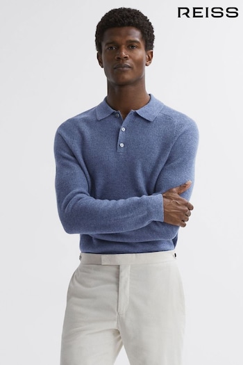 Reiss Blue Melange Holms Wool Long Sleeve Polo Shirt (N33363) | £118