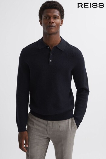 Reiss Navy Holms Wool Long Sleeve pouches Polo Shirt (N33364) | £118