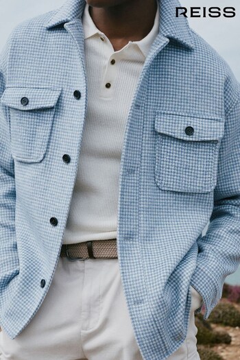 Reiss Soft Blue/White Zack Houndstooth Button-Through Overshirt (N33367) | £178