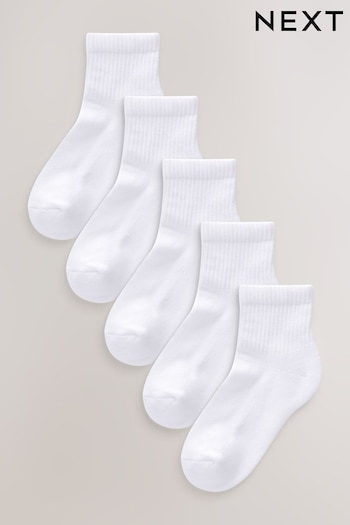 White Mid Length Cotton Rich Cushioned Footbed Ribbed Ankle Socks 5 Pack (N33526) | £7 - £9