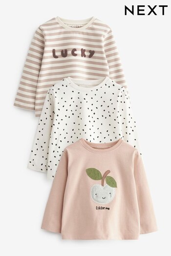 Cream Neutral Apple Character Long Sleeve Cotton T-Shirts 3 Pack (3mths-7yrs) (N33658) | £16 - £20