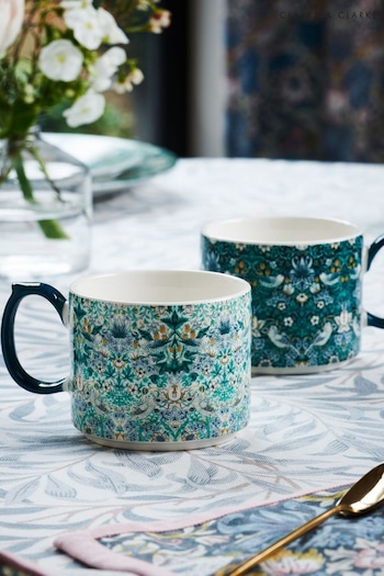 Clarke and Clarke Teal Blue William Morris Designs Strawberry Thief Stacking Mugs Set 2 (N33694) | £20
