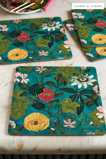 Clarke & Clarke Kingfisher Teal Blue Passiflora Set of 4 Placemats (N33716) | £26