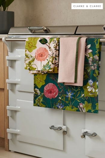 Clarke and Clarke Set of 3 Blush Pink & Emerald Green Passiflora Tea Towels (N33722) | £22
