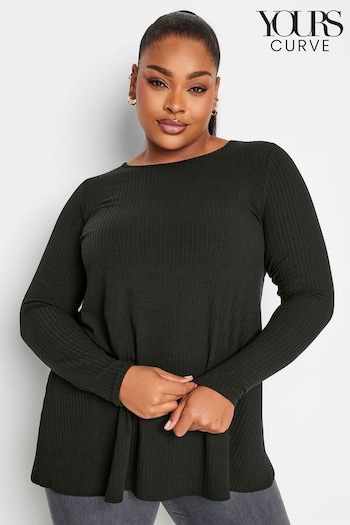 Yours Curve Black Long Sleeve Ribbed Swing Top (N33736) | £22