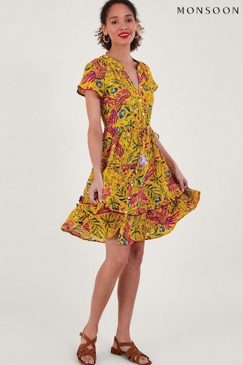 Monsoon Yellow Floral and Palm Print Dress in LENZING™ ECOVERO™ (N33925) | £70