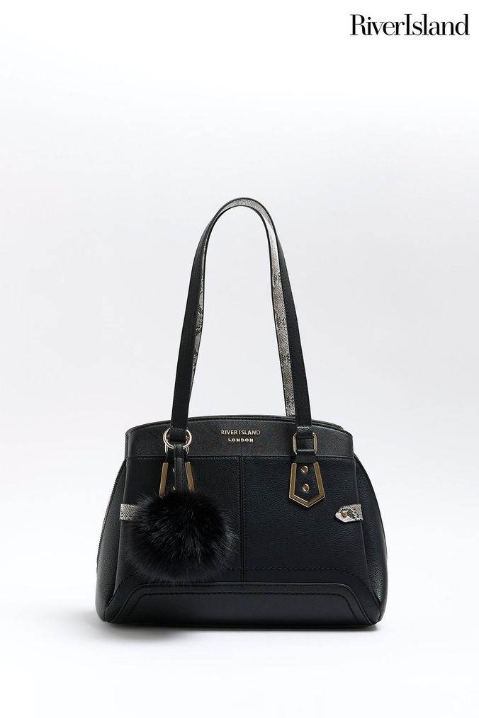 River island black chain handle pom pom tote bag deals