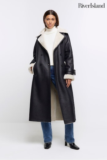 River Island Black Shearling Belted Trench Coat (N34090) | £99