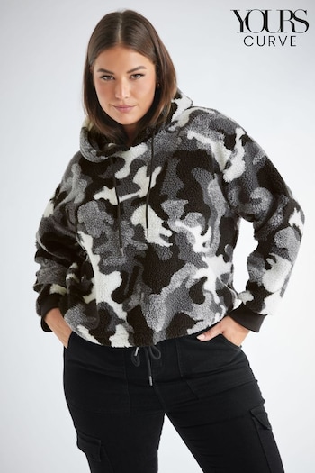 Yours Curve Grey Borg Camo Cropped Hooded Fleece (N34210) | £29