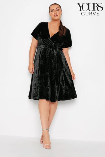 Yours Curve Black Velvet Wrap Skater Dress (N34215) | £45