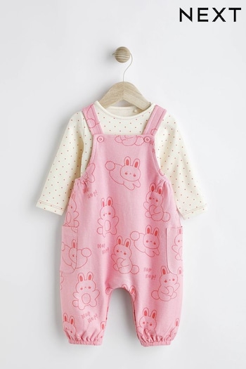 Hot Pink Bunny Jersey drawstring Dungarees & Bodysuit Set (0mths-3yrs) (N34561) | £17 - £19