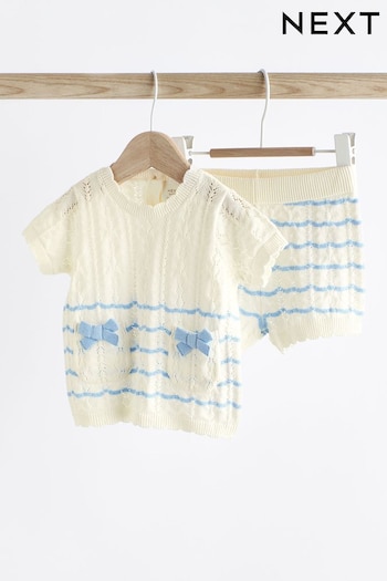 White/Blue Stripe granulado Knitted Top and Shorts Set (0mths-2yrs) (N34590) | £20 - £22
