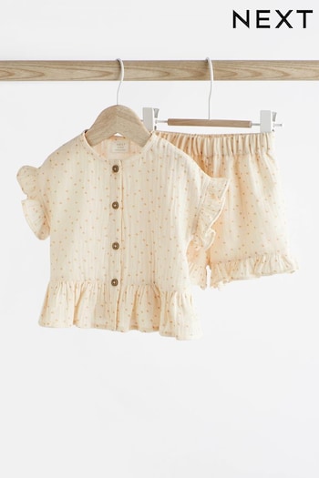 Beige 2 Piece Baby Short Sleeve Peplum Top & Shorts Set (0mths-3yrs) (N34619) | £15 - £17