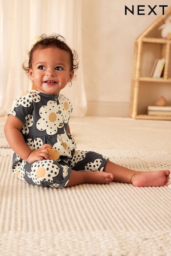 Monochrome Flower Print Short Sleeve Wide Leg Baby Jumpsuit (0mths-3yrs) (N34625) | £10 - £12