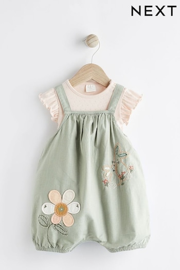 Green Embroidered Flowers Baby Short Sleeve Top and Dungarees Set (0mths-2yrs) (N34633) | £18 - £20