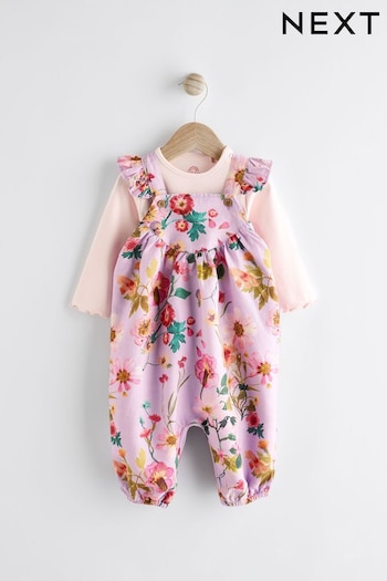 Purple Floral embroidered Dungarees & Bodysuit Set (0mths-3yrs) (N34634) | £20 - £22