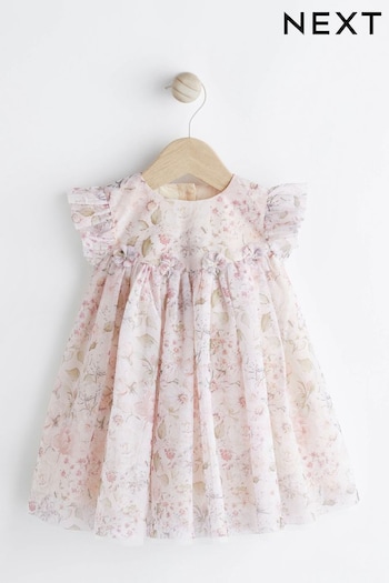 Pink Floral Baby Occasion Mesh Frill Sleeve Dress (0mths-2yrs) (N34643) | £16 - £18
