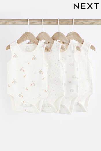 Delicate White Animal 4 Pack 4 Pack Baby Vest Bodysuits (N34696) | £9 - £11