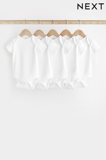 White Rib Baby Short Sleeve Bodysuits 5 Pack (N34697) | £10 - £12