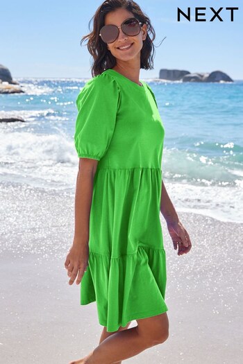 Green Cotton Short Puff Sleeve Tiered Mini Dress (N34701) | £22