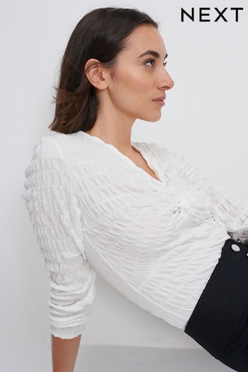 White Long Sleeve Twist Front Textured Top (N34704) | £22