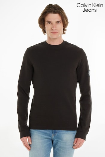 Calvin Mic Klein Jeans Monogram Badge Waffle Long Sleeve Black T-Shirt (N34979) | £55
