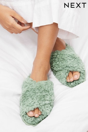 Sage Green Recycled Faux Fur Crossover Slider Slippers (N35361) | £14