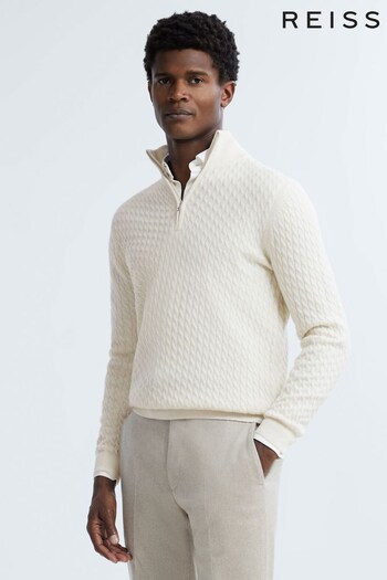 Reiss Cloud White Richmond Atelier Cashmere Cable Knit Half-Zip Funnel Neck Jumper (N35566) | £248