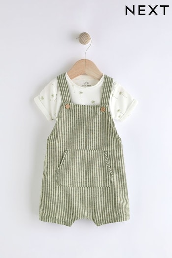 Green Stripe high Woven Dungaree and Bodysuit Set (0mths-2yrs) (N35652) | £16 - £18