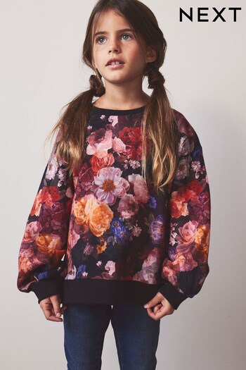Black Floral Printed Crew Sweatshirt Top (3-16yrs) (N35670) | £16 - £21
