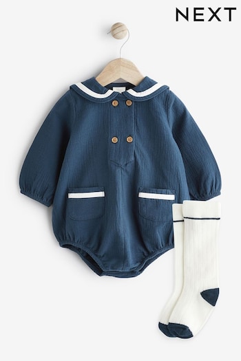 Navy Blue Sailor Baby Romper And Socks Set (0mths-2yrs) (N35690) | £16 - £18