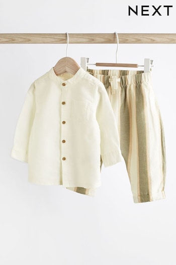 White/Green Baby Woven silk Shirt and Trousers 2 Piece Set (0mths-2yrs) (N35701) | £20 - £22