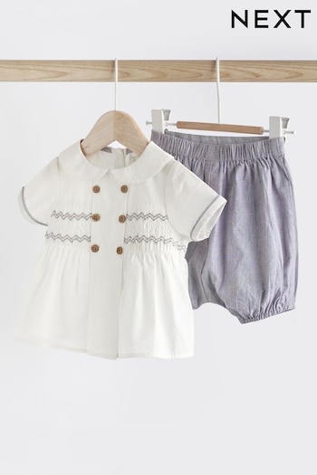 Grey/White Sweater Woven Smart Top and Shorts Set (0mths-2yrs) (N35704) | £18 - £20