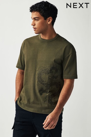 Khaki Green Dragon Embroidered Heavyweight Relaxed T-Shirt (N35886) | £22
